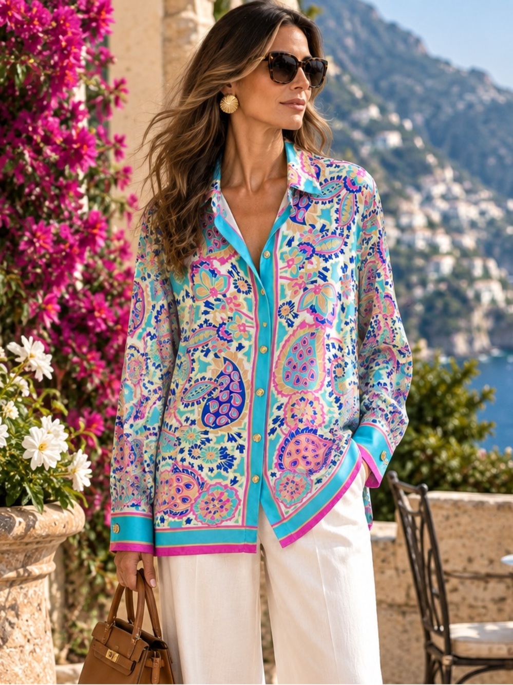 HAUTE HIPPIE STYLE Paisley Resortwear Floral Turquoise Button Front Blouse, 1X